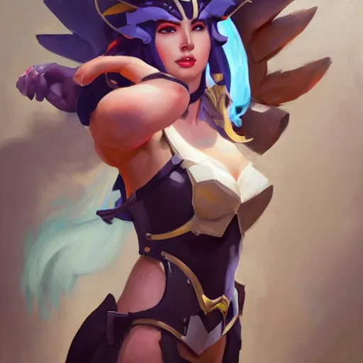 Image similar to greg manchess portrait painting of partially armored ahri as overwatch character, medium shot, asymmetrical, profile picture, organic painting, sunny day, matte painting, bold shapes, hard edges, street art, trending on artstation, by huang guangjian and gil elvgren and sachin teng