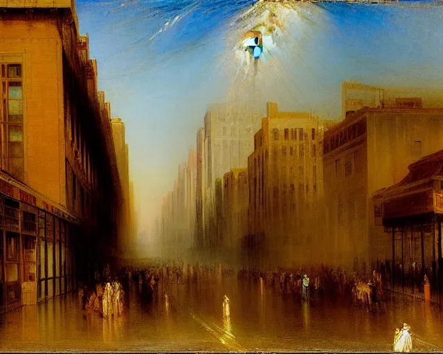 Image similar to a toyko street painting by j. m. w. turner.