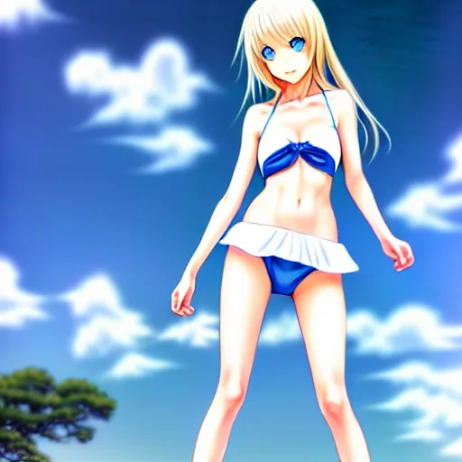Image similar to tiny father a tall daughter picture : a very beautiful young blond anime girl, sky blue eyes, bikini, white miniskirt, highly detailed, cinematic wallpaper by stanley artgerm lau