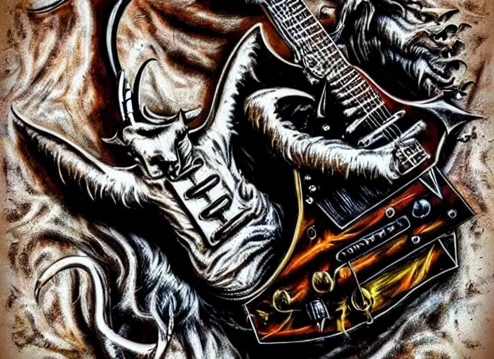 Image similar to metal guitar, goat head, satanic, Guitar, crazy guitar, heavy metal guitar design
