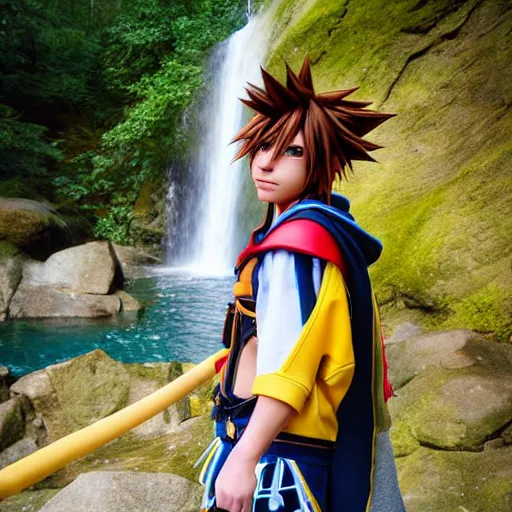 Image similar to kingdom hearts sora cosplay near waterfall photo photography low angle detailed face 85mm