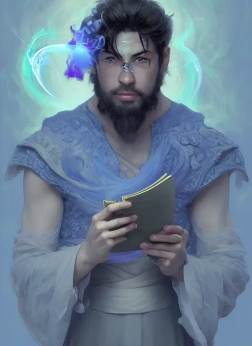 Image similar to character concept portrait of an attractive young smirking Spanish wizard with powder-blue skin conjuring a confusion spell, a floating iridescent spell book in the center, intricate, elegant, digital painting, concept art, smooth, sharp focus, illustration, from Metal Gear, by Ruan Jia and Mandy Jurgens and William-Adolphe Bouguereau, Artgerm
