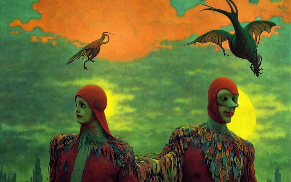 Image similar to realistic detailed portrait movie shot of a birdman wearing green robes, futuristic city sunset landscape background by denis villeneuve, yves tanguy, alphonse mucha, ernst haeckel, max ernst, roger dean, masterpiece, rich moody colours, ethereal, occult, blue eyes