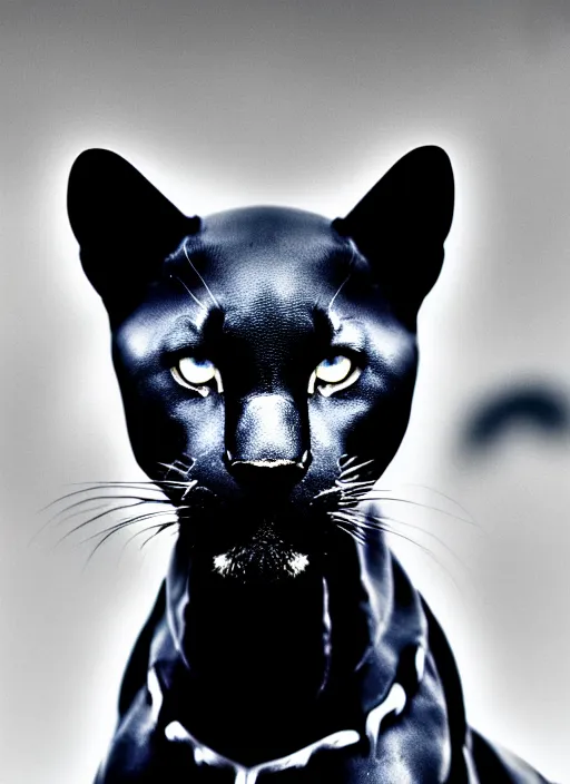 Image similar to black panther black and white portrait white sky in background