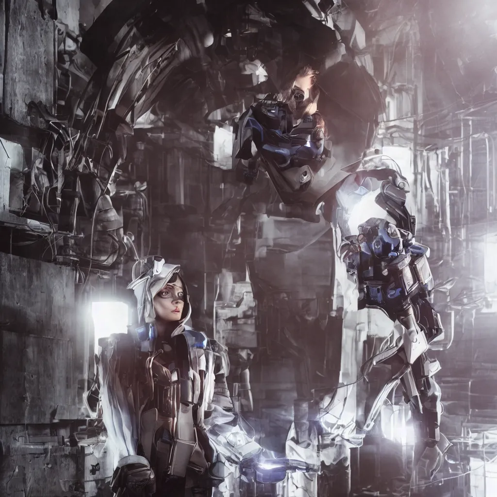 Prompt: vfx film portrait, vibrant emotional destiny 2 cosplay in electrical facility, low - key lighting award winning photography arri alexa cinematography, hyper real photorealistic cinematic beautiful natural skin, famous face, atmospheric