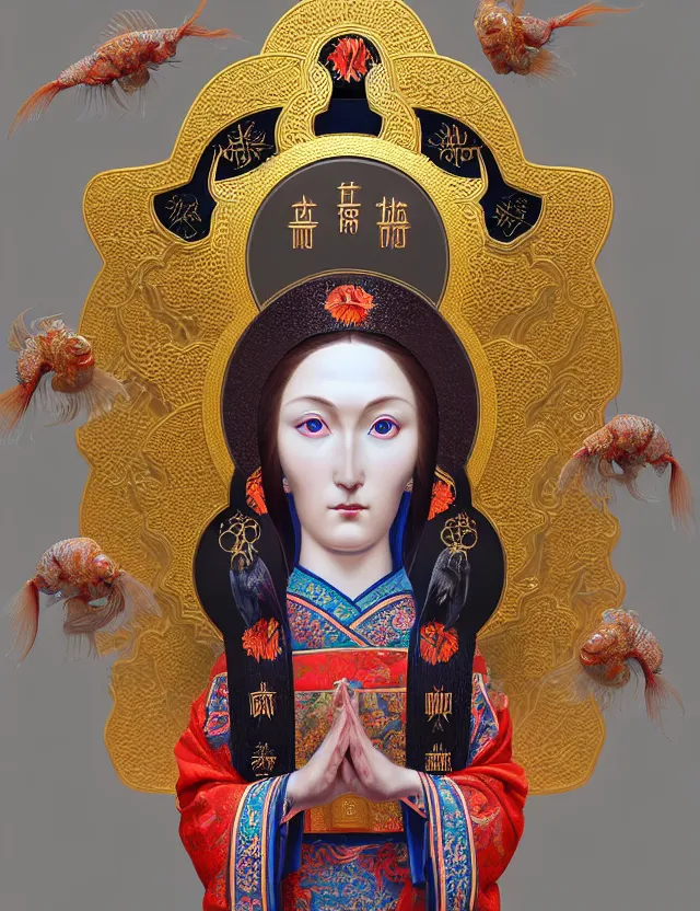 Image similar to 3 d goddess close - up profile portrait russian orthodox icon with ram skull. beautiful intricately detailed japanese crow kitsune mask and clasical japanese kimono. betta fish, jellyfish phoenix, bio luminescent, plasma, ice, water, wind, creature, artwork by tooth wu and wlop and beeple and greg rutkowski