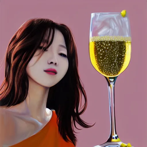 Image similar to Realistic painting of Mina from Twice, drinking champagne, side profile, intricate detail, realistic face, digital art, 4k, realism