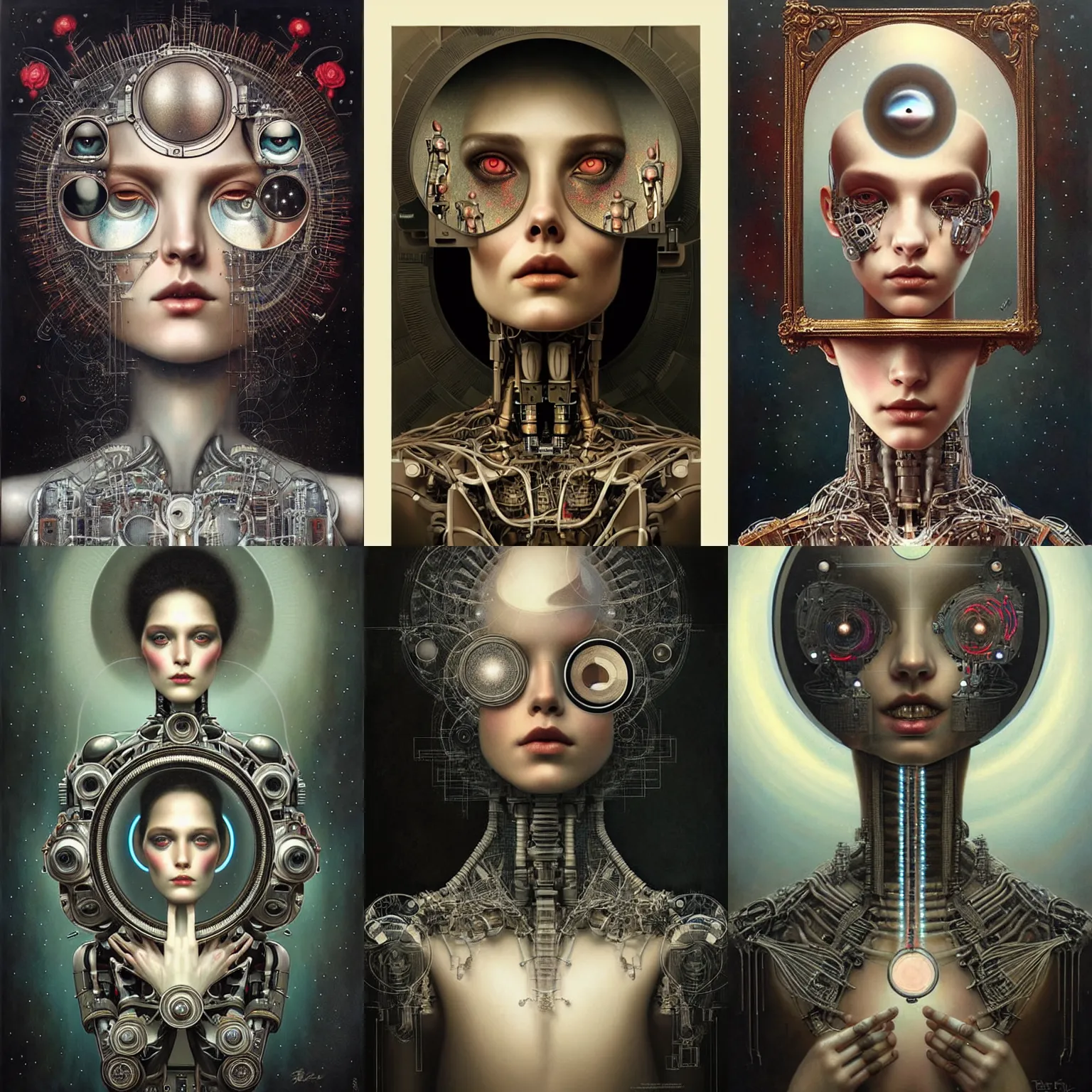 Prompt: robot becoming conscious, looking in a mirror, highly detailed, highly intricate, art by tom bagshaw