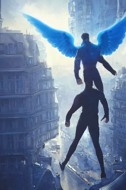 Image similar to a man from behind with a pair of blue vapor energy wings soaring through futuristic paris, 4 k, shimmering color, cinematic light, hyper detailed, art by greg rutkowski and magali villeneuve and artgerm