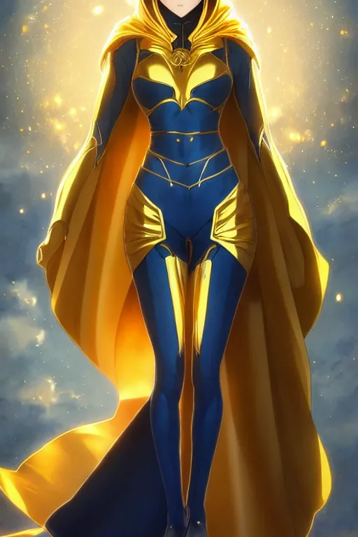 Prompt: anime key visual of a beautiful young female doctor fate!! intricate, gold and blue suit, cape, glowing, powers, dc comics, cinematic, stunning, highly detailed, digital painting, artstation, smooth, hard focus, illustration, art by artgerm and greg rutkowski and alphonse mucha