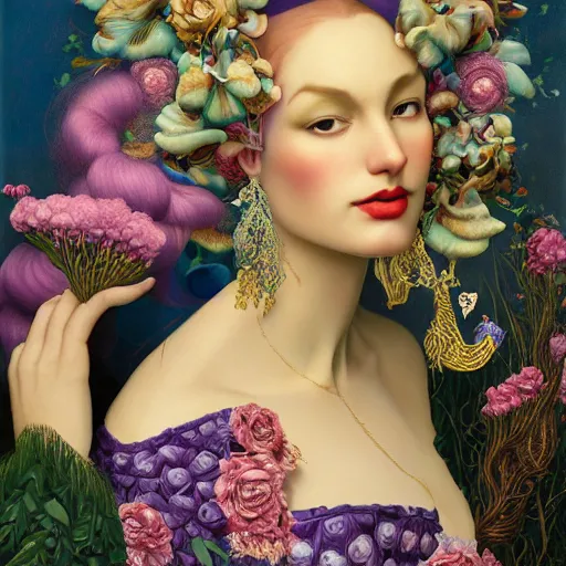 Prompt: dynamic composition, a painting of a woman with hair of flowers and peacock plummage, with lavender skin, wearing ornate earrings, a surrealist painting by tom bagshaw and jacek yerga and tamara de lempicka and jesse king, featured on cgsociety, pop surrealism, surrealist, dramatic lighting, wiccan, pre - raphaelite, ornate gilded details