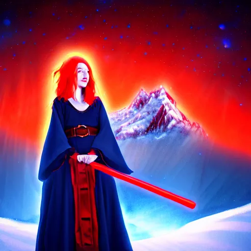 Image similar to red headed woman dressed in dark blue wizard robes holding a wooden staff covered in glowing red runes topped with a glowing gem. background of snowy mountains. fantasy painting.