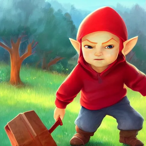 Image similar to little boy character inspired in little hood red and link from legend of zelda, digital artwork made by lois van barlee and rhads