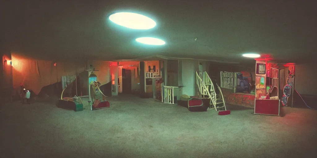 Image similar to a weird place, house, playground, office, pool, bar, pub, interior, room with eerie feeling, disposable colored camera, camera flash, unusual place, unsettling, kids place, night scene