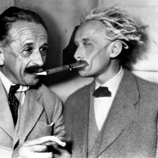 Prompt: a 1930s photograph of Albert Einstein smoking weed at a party
