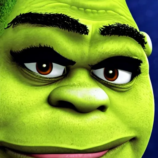 Image similar to shrek!! kubrick stare, menacing, instense stare, close up of face