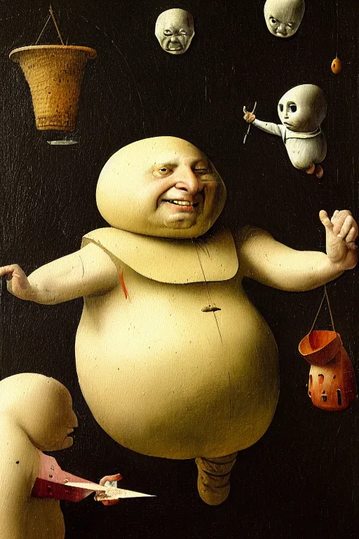 Prompt: hieronymus bosch and greg rutkowski, oil painting of short fat humpty dumpty