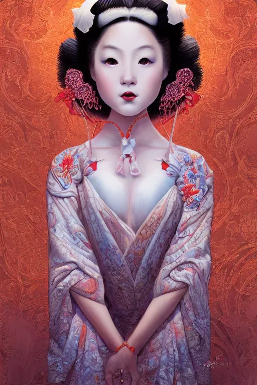 Image similar to hyperrealistic photography of a highly detailed and symmetrical gorgeous geisha female ballerina in the style of vargas and wlop, highly detailed, face symmetry, masterpiece, award - winning, sharp focus, intricate concept art, ambient lighting, 8 k, artstation