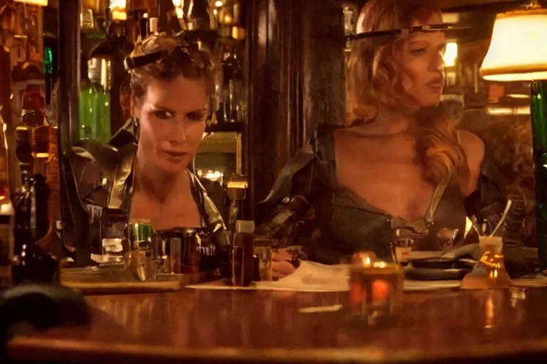 Image similar to cinematography of a beautiful cyborg woman in a vintage western bar alone asking for a drink by Neil Blomkamp