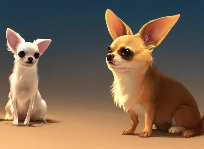 Prompt: a key shot of chihuahua looking at bunny animation at mid-day, medium shot, waist up, studio Ghibli, Pixar and Disney animation, sharp, key art by Greg Rutkowski, dramatic lighting, flat texture