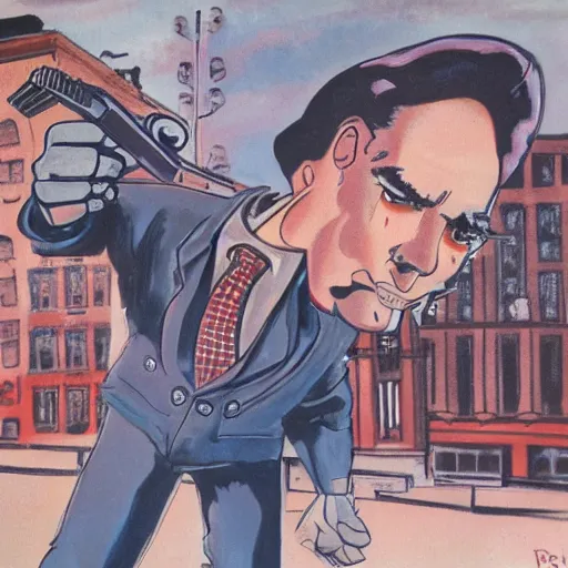 Image similar to detective pointing gun at camera, city street, artwork by ralph bakshi