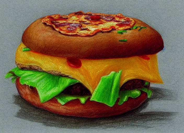 Prompt: a pizza eating a small burger, colorfull pencil drawing