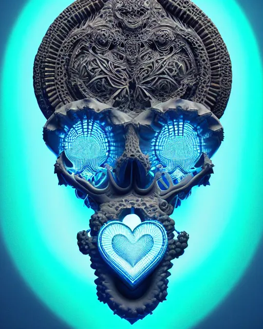 Image similar to 3 d ornate carved water heart, sigma 5 0 0 mm f / 5. beautiful intricate highly detailed quetzalcoatl skull. bioluminescent, plasma, lava, ice, water, wind, creature, thunderstorm! artwork by tooth wu and wlop and beeple and greg rutkowski, 8 k trending on artstation