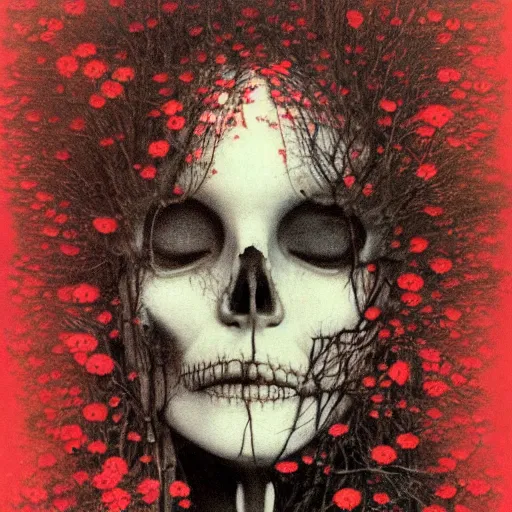 Image similar to portrait photo of a woman by Zdzislaw Beksinski, skeletal body, black eyes, red flowers wrapped around the body