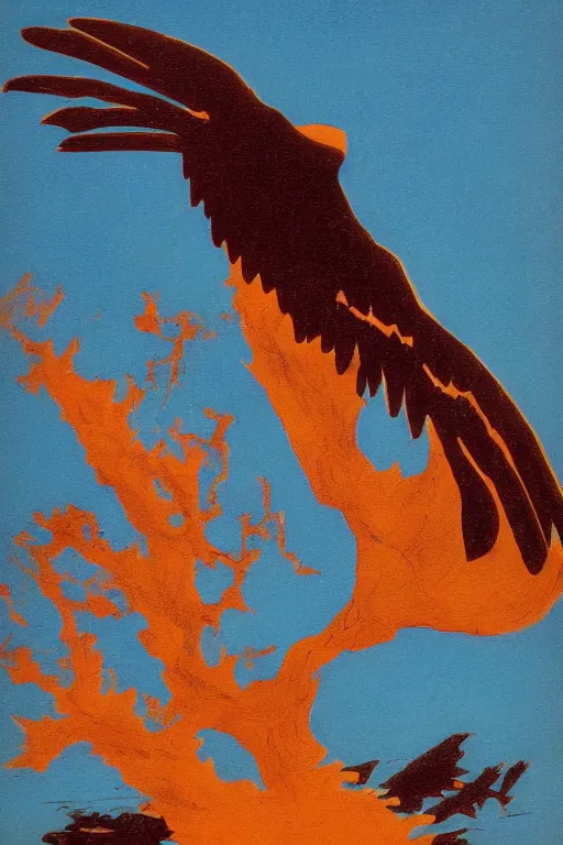 Image similar to silhouette of an eagles talon against the backdrop of the sky and ocean, mid century art