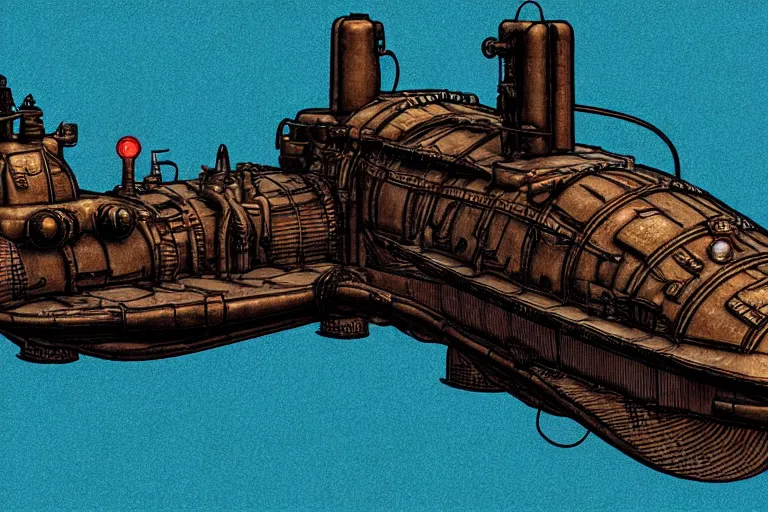 Prompt: steampunk submarine!, in the style of john avon and derek riggs and eva widermann, trending on artstation, halfrear lighting closeup view anaglyph filter, bokeh, anime, colored pencil art, jean henri gaston giraud