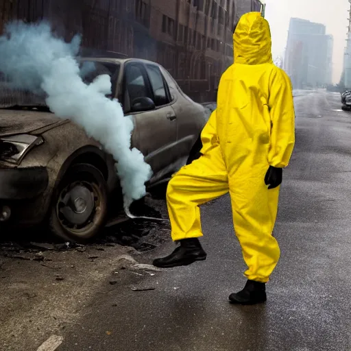 Prompt: a photo of a female wearing a hazmat suit, riding a bike, side-view, smoke in the background, filthy streets, broken cars. Vines growing. Jpeg artifacts. Full-color photo. Color color color color color. Award-winning photo. Samyang/Rokinon Xeen 50mm T1.5