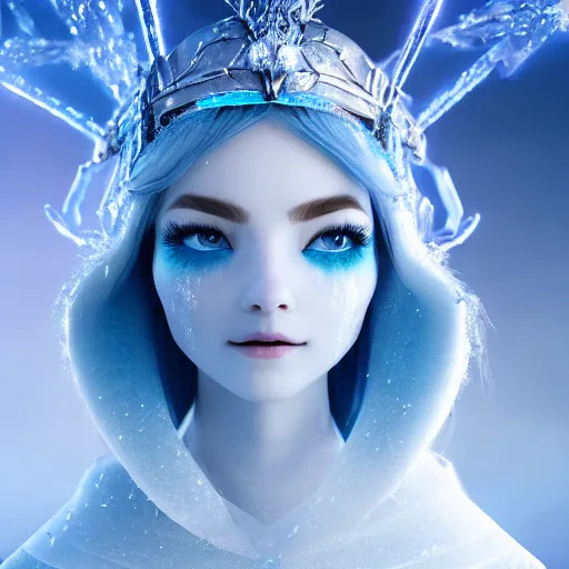 Prompt: ice goddess with beautiful face with a glowing blue crystal on her forehead, full body, frosty white eyes, winter mist around her, white plated armor, pale skin, white smoke, octane render, frostbite, 8 k, cinematic, 3 5 mm, aspect ratio