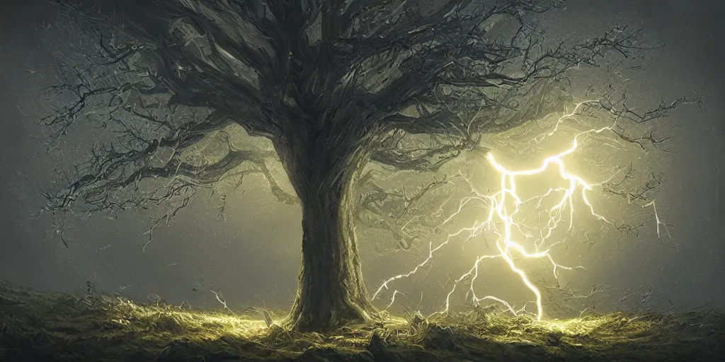 Image similar to a tree with lightning for leaves, overexposure, electricity, night, unreal engine, digital art, 8 k, oil painting, fantasy art, illustration, detailed and intricate environment