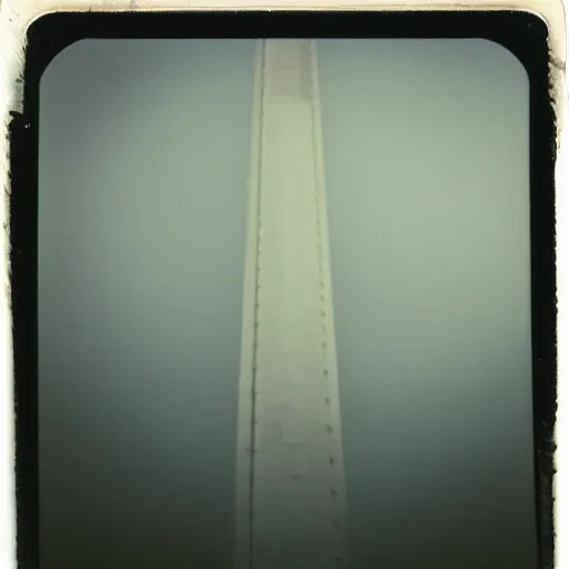 Prompt: wide and tall massive concrete tower reaching into the fog, expired film, old polaroid, night, megalophobia, next to a road,