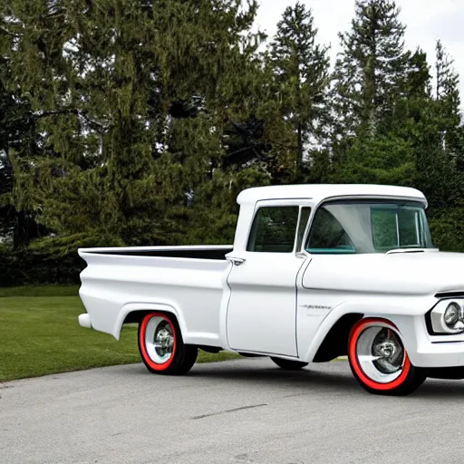 Prompt: 1960 White Ford Pickup body, 2015 Chevy Tahoe hybrid SUV, Retro Aesthetic with Modern Features, Advanced Automobile, Premium SUV hatchback that is also an old Truck, Limousine, Photo