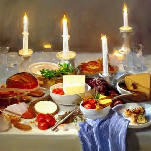 Prompt: a table full of traditional Swedish food, candles, cheese, schnapps, painting by Vladimir Volegov