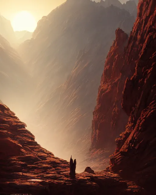 Image similar to dual sunrising in the valley of fire, environment art, fantasy art, landscape art, in the style of greg rutkowski, illustration, epic, fantasy, intricate, hyper detailed, artstation, concept art, smooth, sharp focus, ray tracing