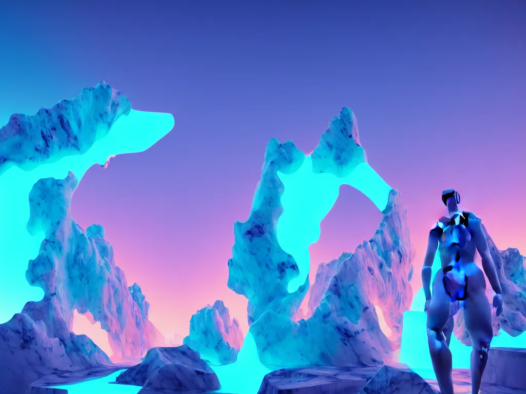 Image similar to manikin made of marble, fractal neon explosion revealing a portal to a vaporwave paracosm, mountains and city in background, rule of thirds, clean linework, dramatic, moody, introspective, cinematic, award winning, 4 k, trending on artstation, photorealistic, volumetric lighting, octane render