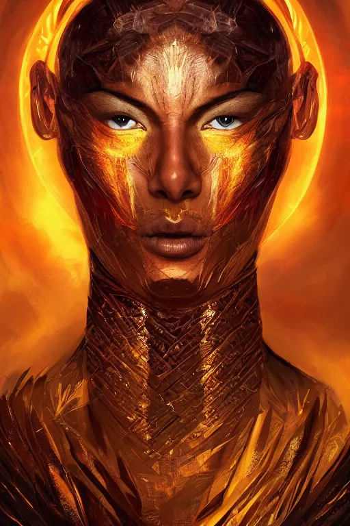 Prompt: fantasy character concept portrait, digital painting, wallpaper of an oracle with skin of obsidian, with veins of magma and gold, renaissance nimbus overhead, by aleksi briclot, by laura zalenga, by alexander holllow fedosav, 8 k dop dof hdr, vibrant