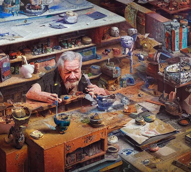 Prompt: \'An old man, a deep spiritual connection with a younger world, Lee Min\'s painting is a masterpiece of hyperreal. The piece is like a miniature of my soul\' diorama party tiltshift of a factory by aleksej pankov