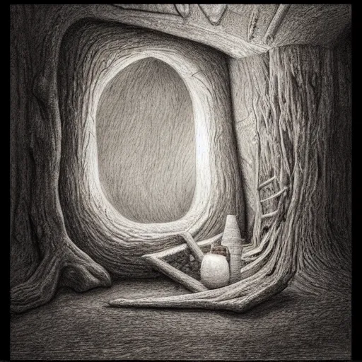 Image similar to hyper realistic pencil drawing of Stump House Tonnel, detailed, rim light, diffused, intricate, axe, by anna dittmann