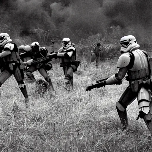 Image similar to star wars clone troopers combat soldiers in vietnam, photo, old picture, lush landscape, jungle, firearms, explosions, helicopters, aerial combat, active battle zone, flamethrower, air support, jedi, land mines, gunfire, violent, star destroyers, star wars lasers, sci - fi, jetpacks, agent orange, bomber planes, smoke, trench warfare