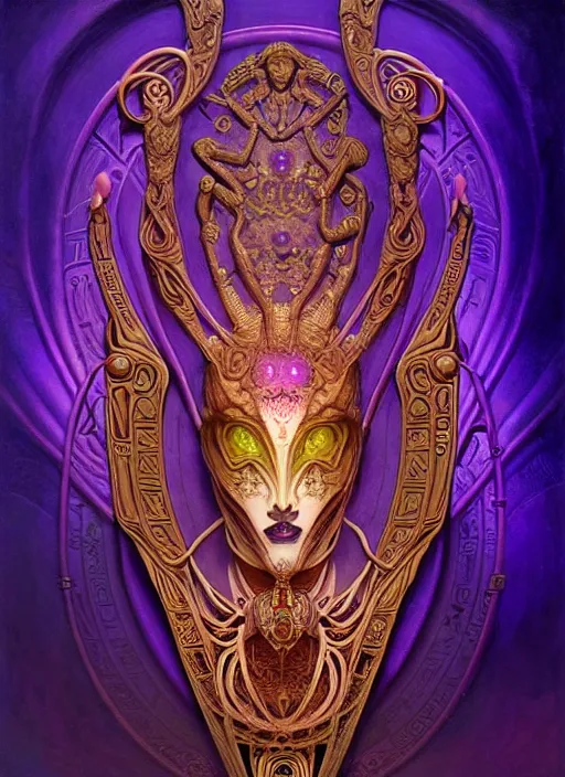 Image similar to ornate alien sacred sarcophagus, art nouveau hieroglyphics, lavender and gold palette, symmetry, fantasy, intricate, elegant, highly detailed, colorful, dark colors, dramatic shadow, digital painting, artstation, concept art, art by artgerm and greg rutkowski and ruan jia, h. r. giger