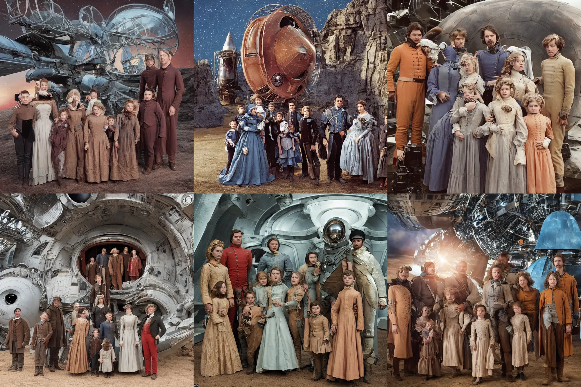 Prompt: highly detailed, 268435456k film, 700mm film still from a sci fi blockbuster color movie made in 2019, set in 1860, of a family standing in front of a spaceship that has just landed on an alien planet, the family are all wearing 1860s era clothes, good lighting, good photography, ultra high definition