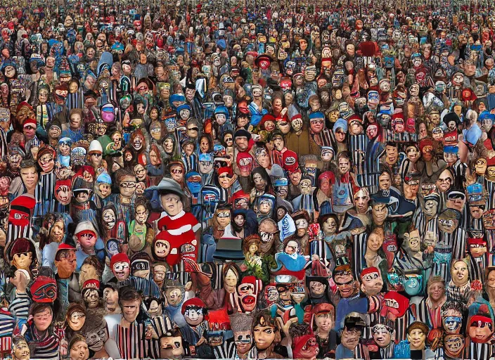 Prompt: where's waldo, lowbrow, matte painting, 3 - d highly detailed, in the style of kenny schaffer,