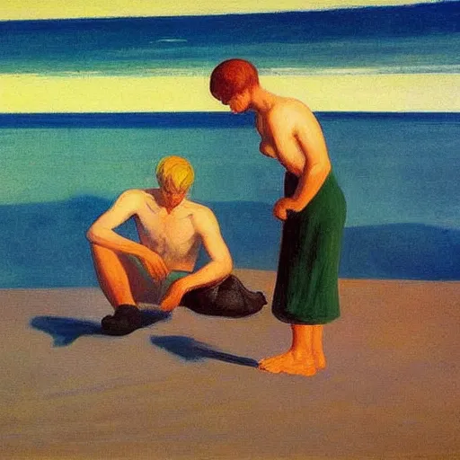 Prompt: a detailed painting, blonde man at a beach, edward hopper,