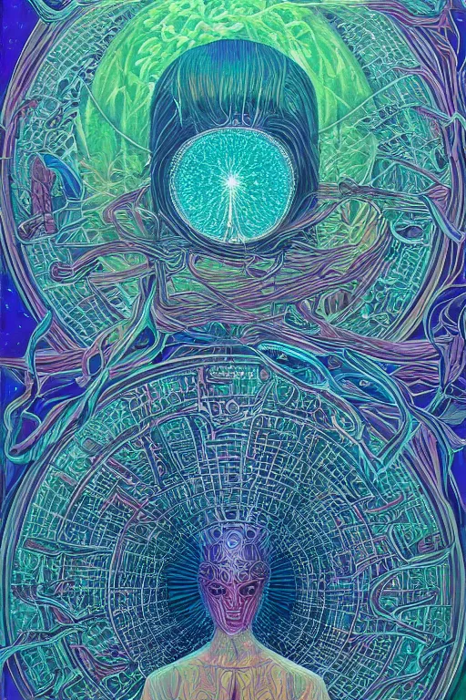 Prompt: beautiful matte solarpunk lake and vision by alex grey