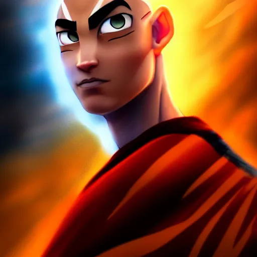 Prompt: a portrait of Avatar Aang by Zack Snyder, Christopher Nolan, Steven Spielberg, Avatar the Last Airbender, 8k photorealistic, cinematic lighting, HD, high details, dramatic, trending on artstation, view from below, dark atmosphere