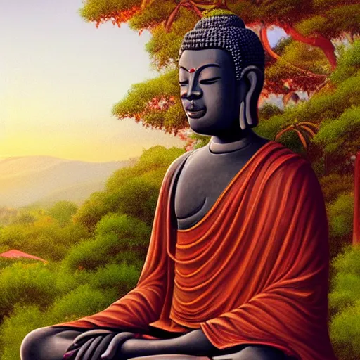 Image similar to contented peaceful haitian!! buddha, praying meditating, in a scenic environment, detailed, golden hour, realism, artstation trending, digital art