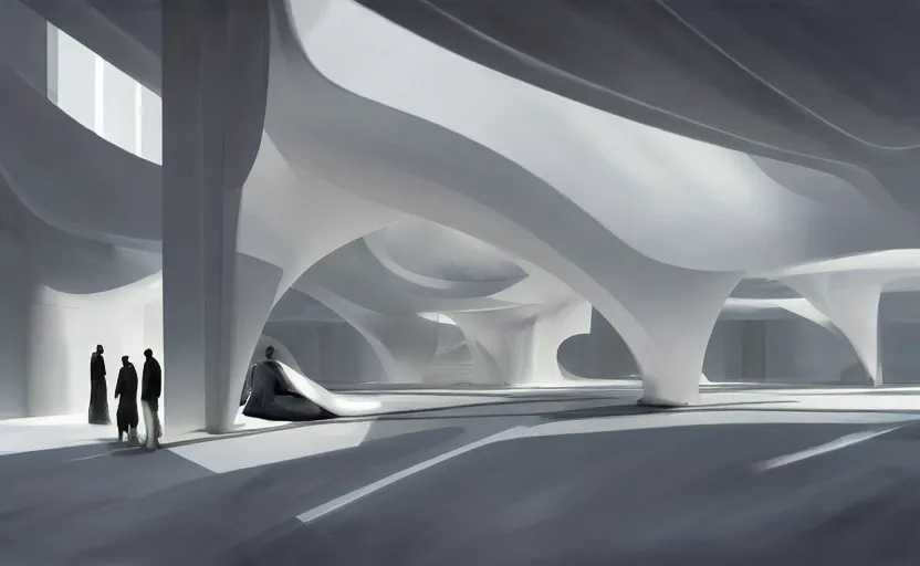 Prompt: painting of a white architecture by zaha hadid and peter zumthor painted by greg ruthkowski and craig mullins, cinematic and atmospheric lighting, archviz, archdaily